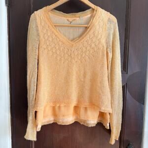 KNITTED AND KNOTTED  Peach Open Weave Alpaca Blend Layered V Neck Sweater Medium